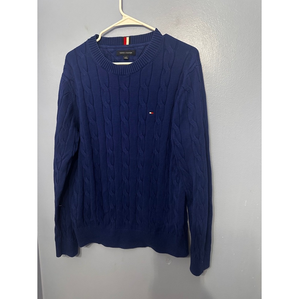 Tommy Hilfiger Mens Cable Knit Crewneck Sweater Royal‎ Blue Cotton Large L/G